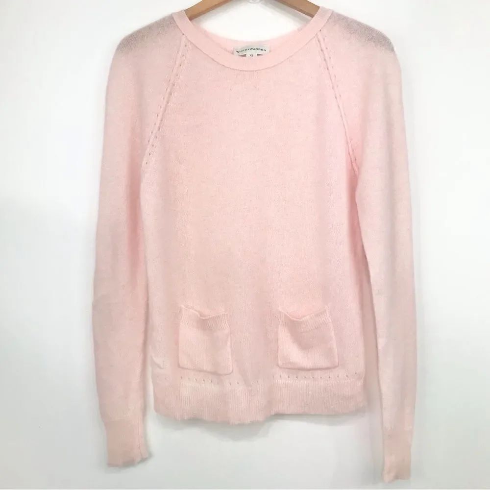 White + Warren 100% Cashmere Pastel Pink Crew Neck Knit Pullover Sweater